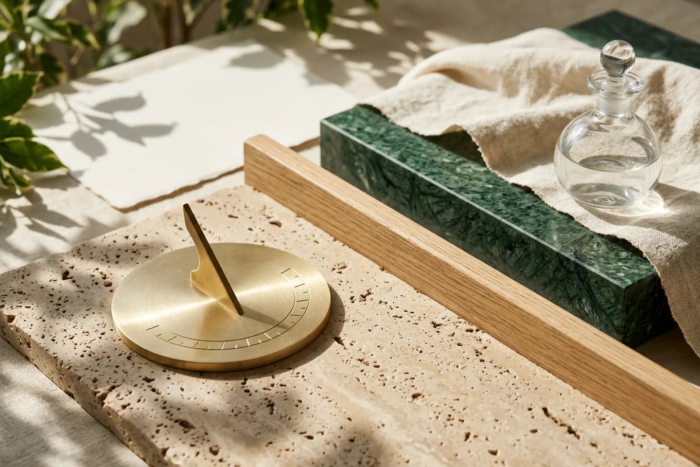 Um relógio de sol de latão projetando sombra sobre travertino, ao lado de um trilho baixo de carvalho que o separa de um bloco de mármore verde coberto por linho e de um recipiente de vidro.