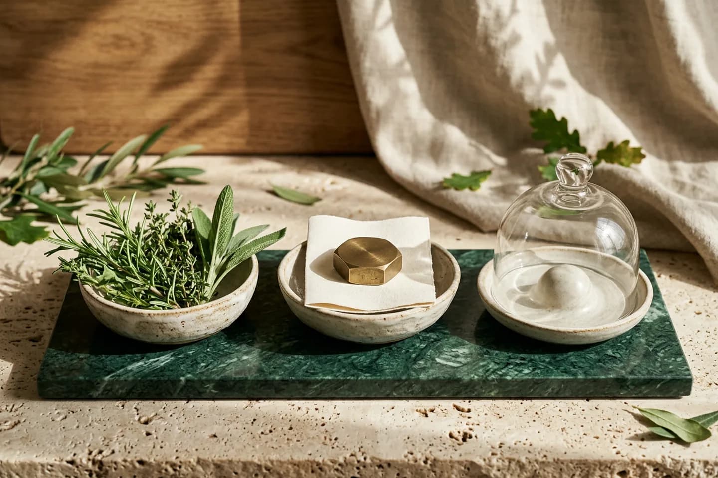 Three ceramic dishes on green marble: one open with herbs, one with blank paper under a brass weight, and one covered by a glass dome.