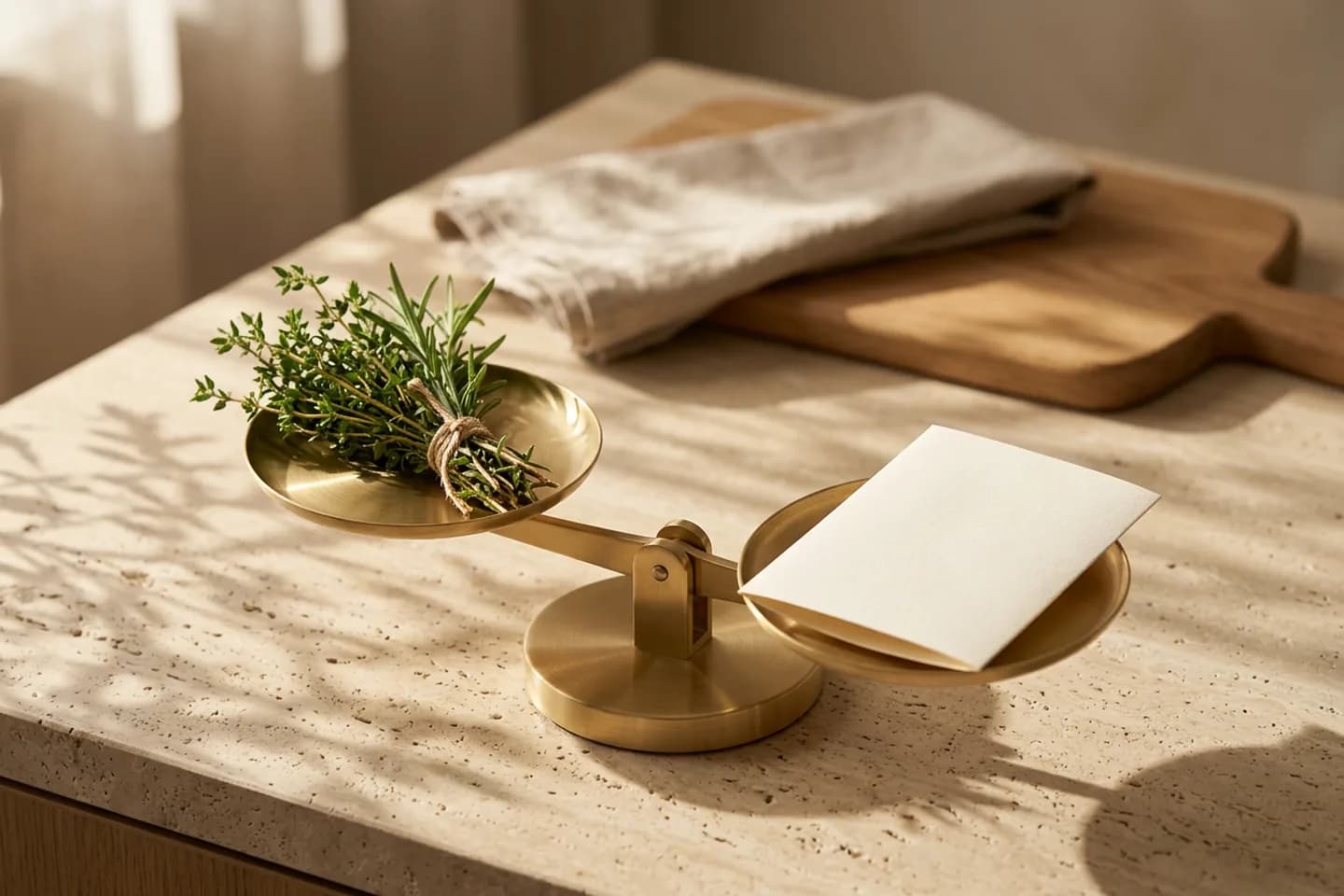A brass balance scale on travertine with fresh herbs in one pan and blank ivory paper in the other, beside a linen napkin and an oak board.
