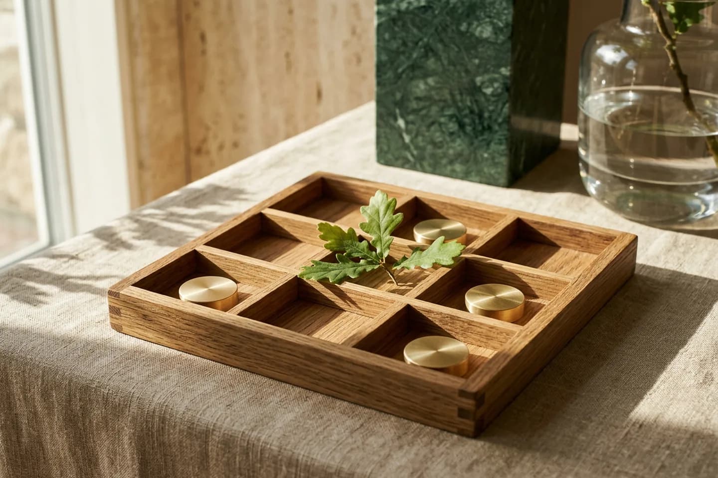 An oak seed tray with some compartments holding brass discs and others empty, on linen in warm light.
