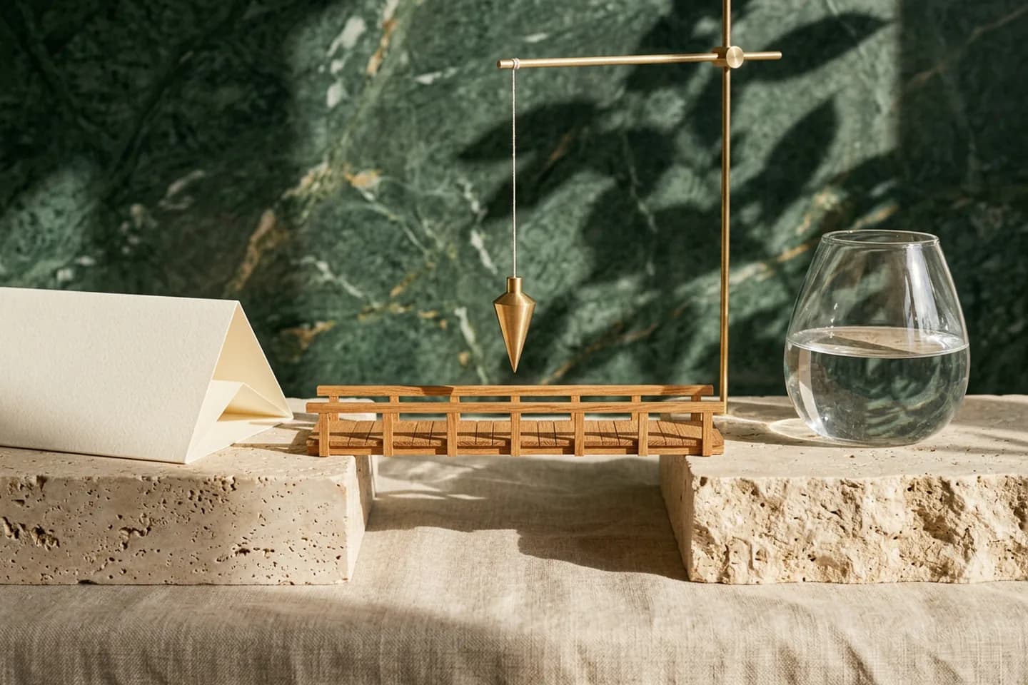 A small oak bridge model joining two travertine blocks with a brass plumb line hanging at its center, with folded ivory paper on one side and a glass vessel on the other.