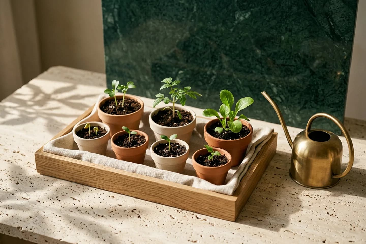 An oak seed tray of small ceramic pots with seedlings at different stages of growth, beside a brass watering can on travertine in warm sunlight.