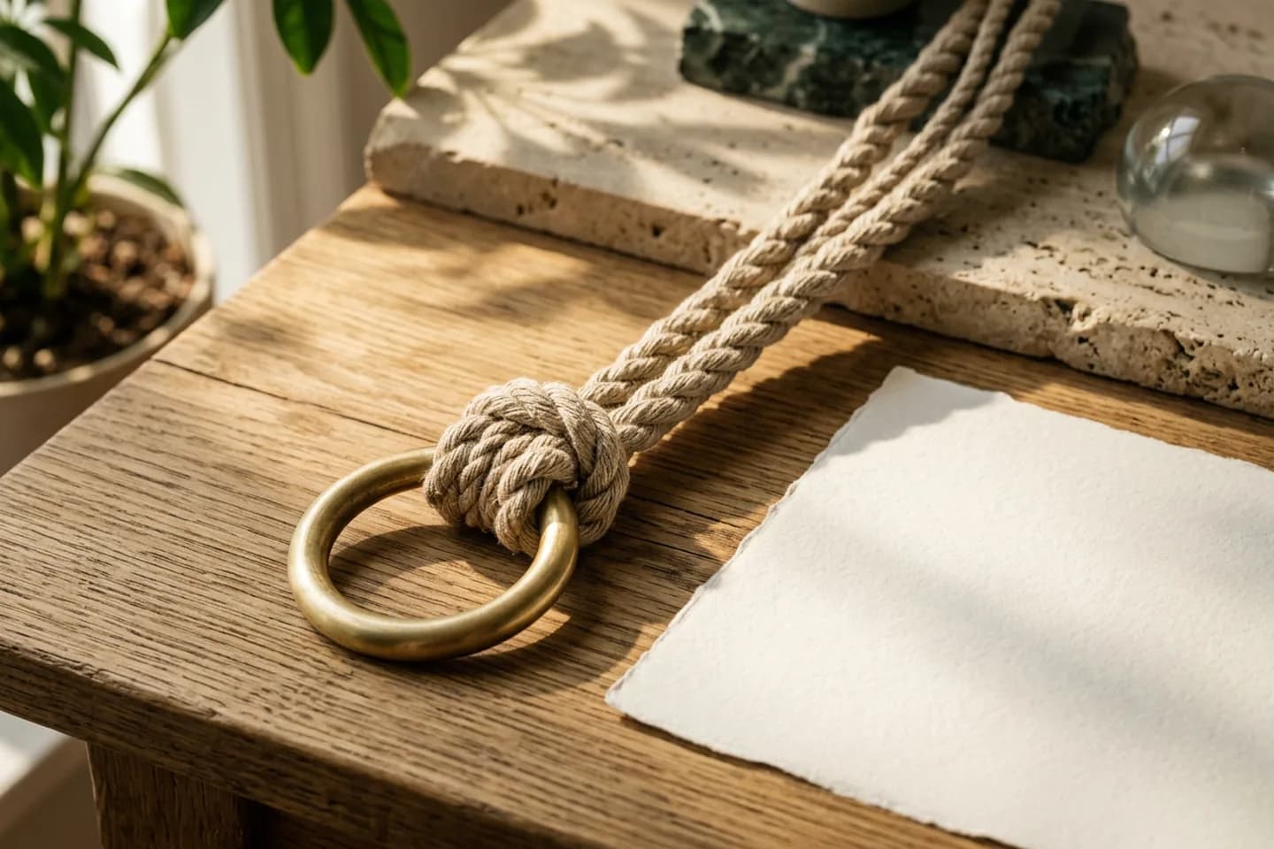 Three strands of linen rope tied into one knot around a brass ring on an oak table beside a sheet of blank ivory paper.
