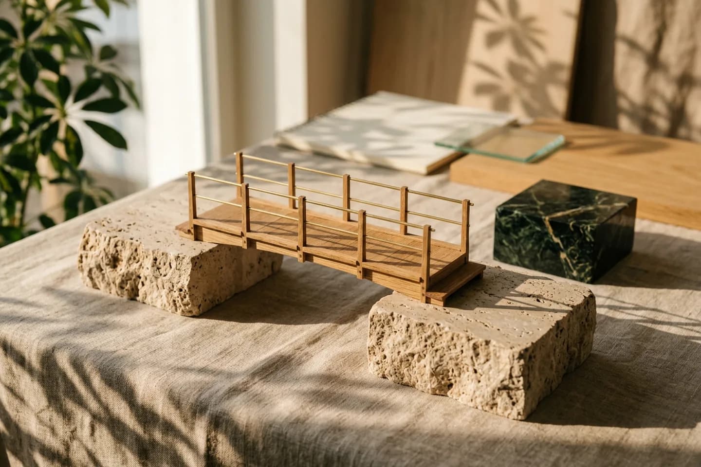 A small oak bridge model with brass rails connecting two travertine blocks on a linen cloth, with a green marble block beyond, in warm sunlight.