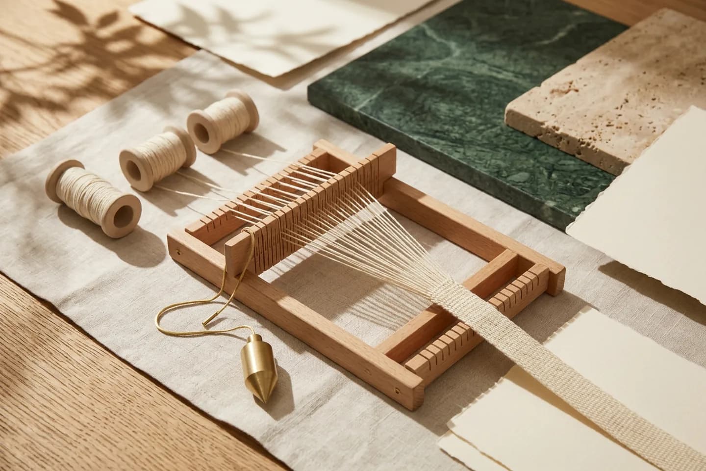 A small wooden loom weaves threads from three ceramic spools into one band of cloth, with a brass plumb line hanging beside it and a green marble slab behind.