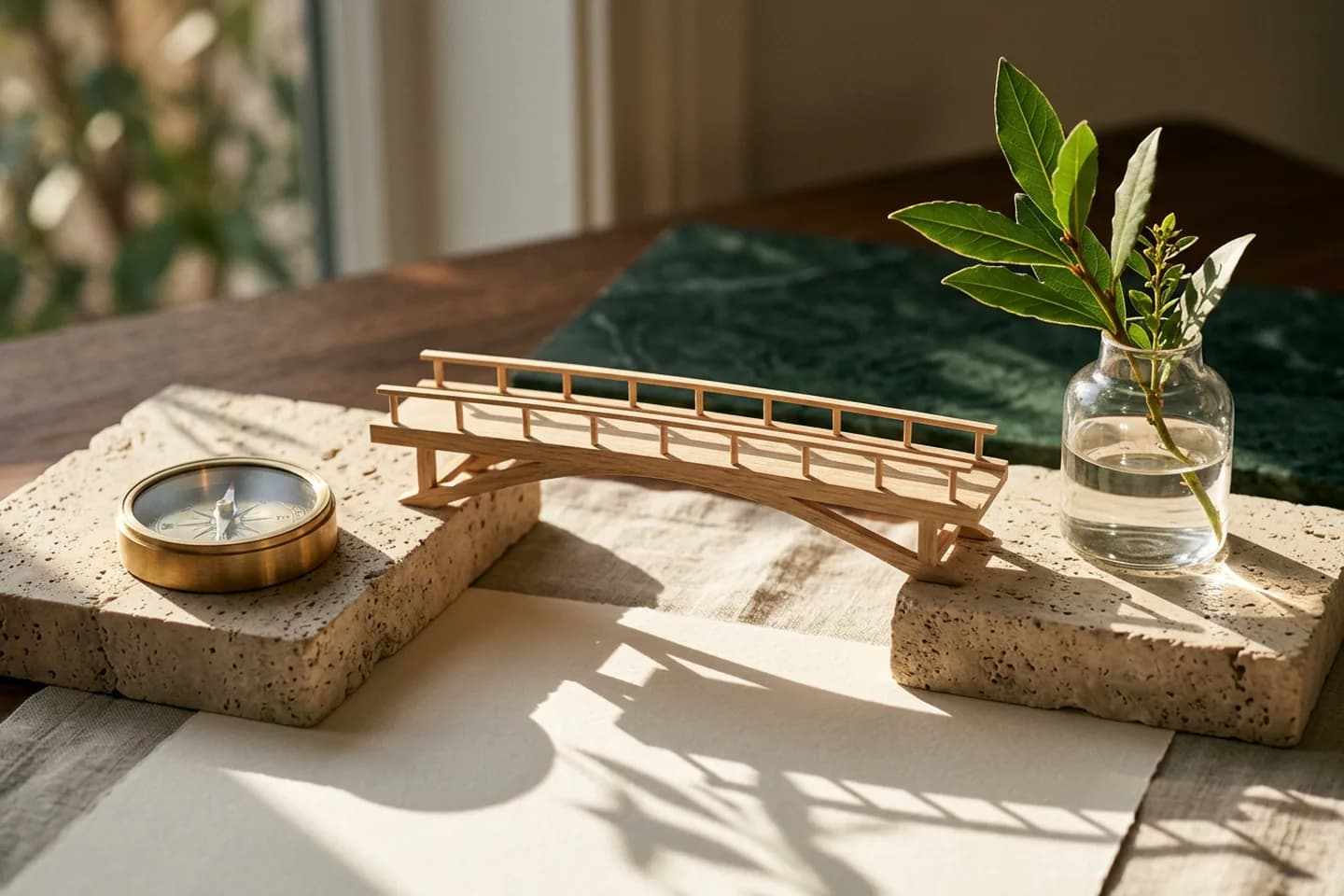 A small oak bridge model spans a gap between two travertine blocks, with a brass compass on one block and a glass vessel holding green leaves on the other.
