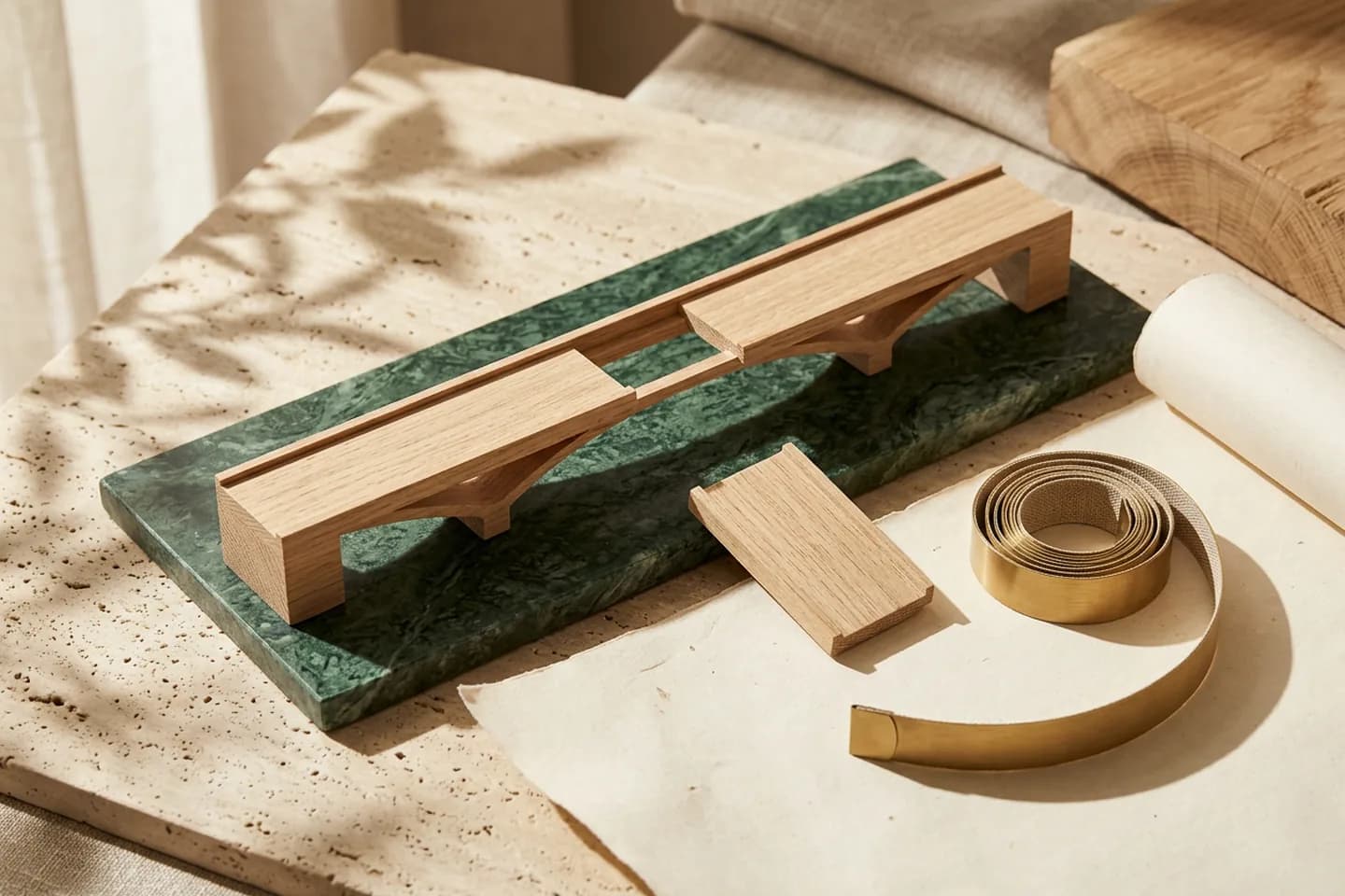 A pale oak model bridge across a green marble slab with its center section missing and the matching piece resting on ivory paper beside a coiled brass measuring tape.