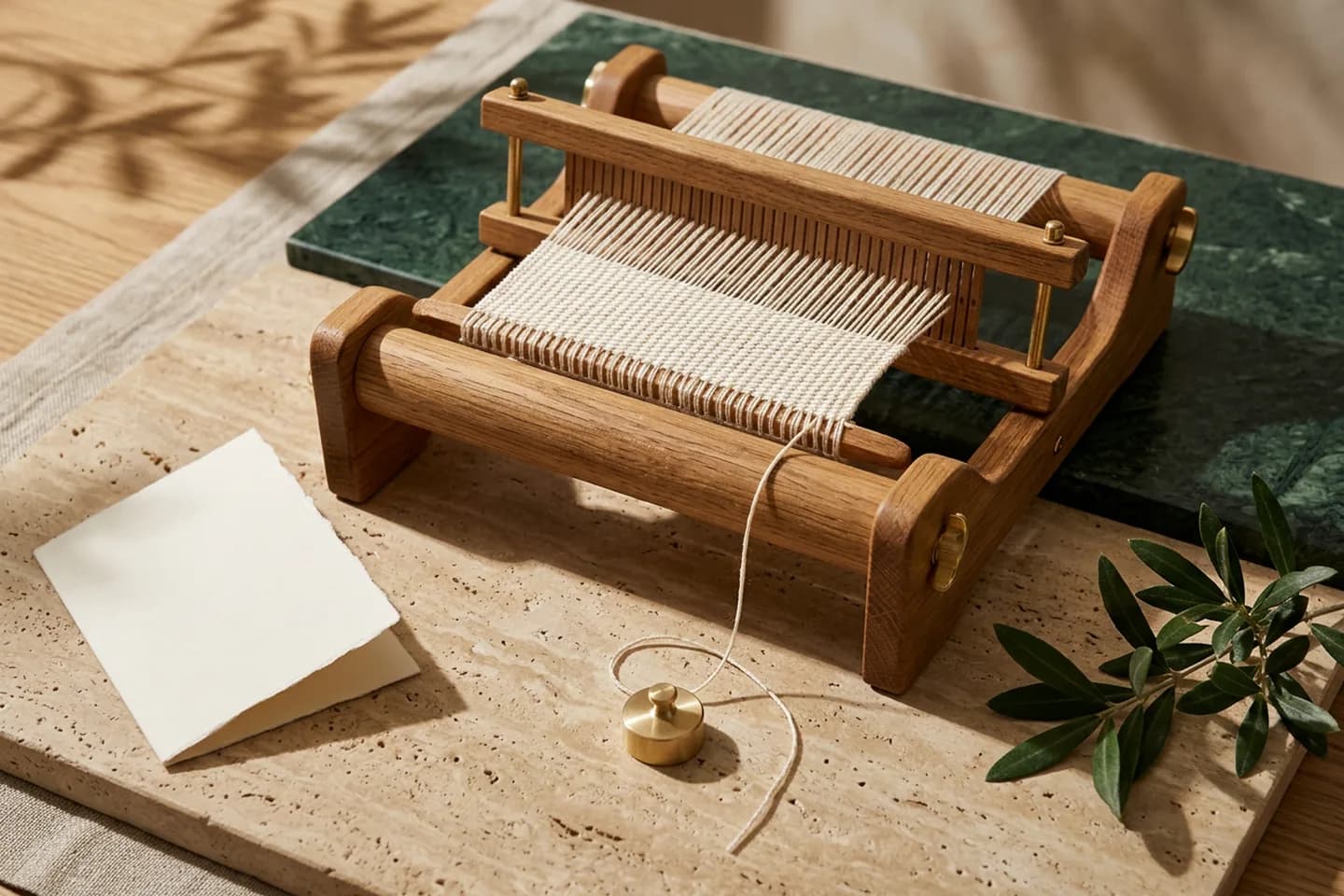 An oak tabletop loom with ivory linen threads woven into an even band and one slack thread hanging from the front beam, weighted by a small brass weight, on travertine in warm sunlight.