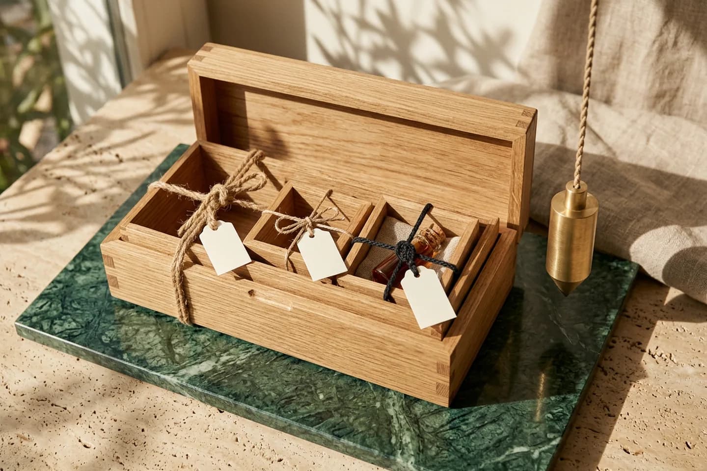 Nested oak boxes on green marble, each tied with a different rope knot, with the smallest box holding a glass vial and a brass plumb line hanging beside them.