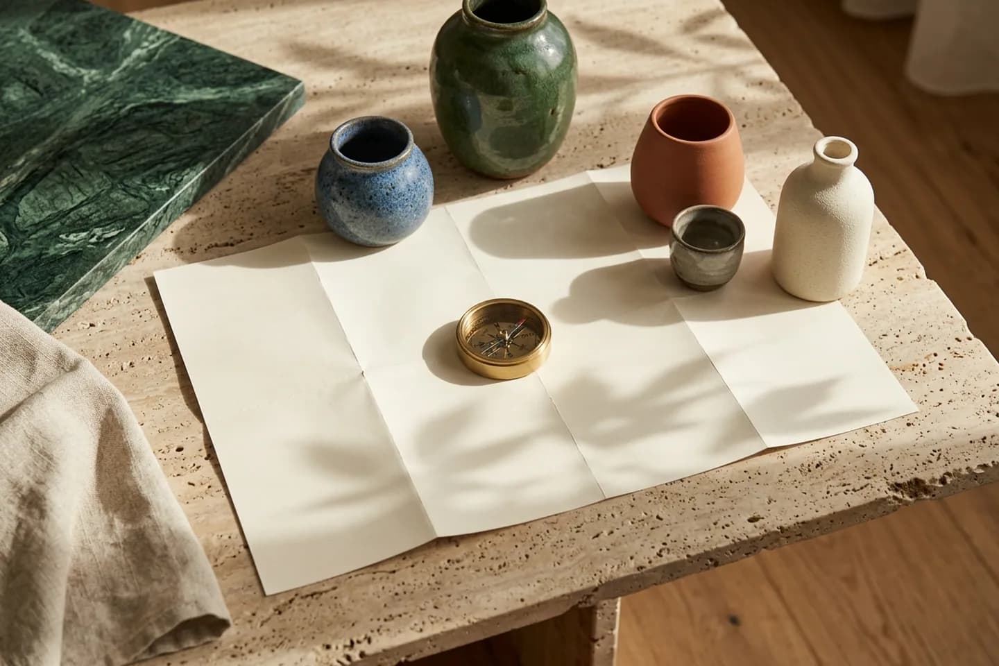 A blank ivory map on a travertine table with a brass compass and several small ceramic vessels placed at different points on it.