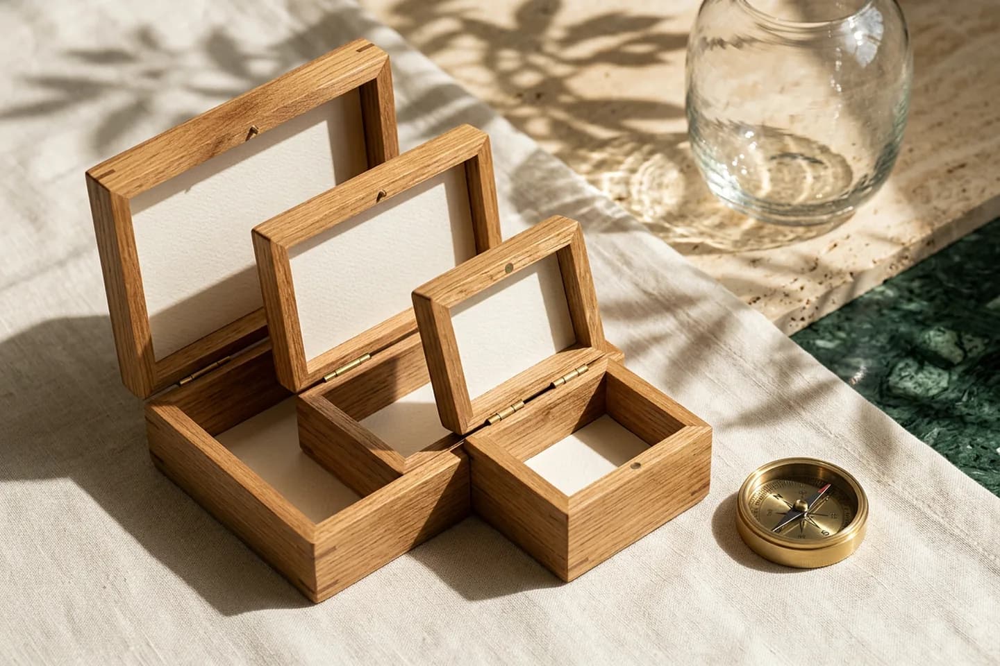 Three open nested oak boxes of graduated sizes on ivory linen with a small brass compass and a glass vessel beside them.