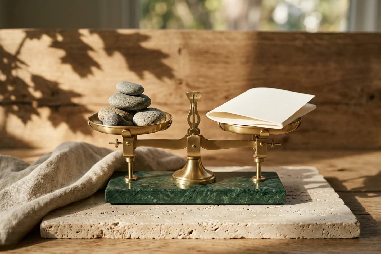 A brass balance scale on travertine with stacked stones in one pan and folded blank paper in the other, next to green marble and linen.