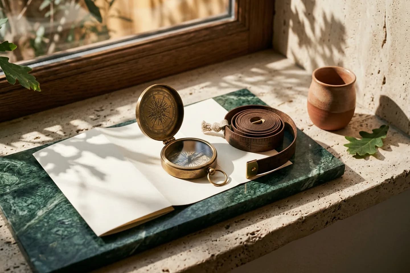 A brass compass on a blank folded map over green marble, next to a coiled measuring tape and a small ceramic vessel.