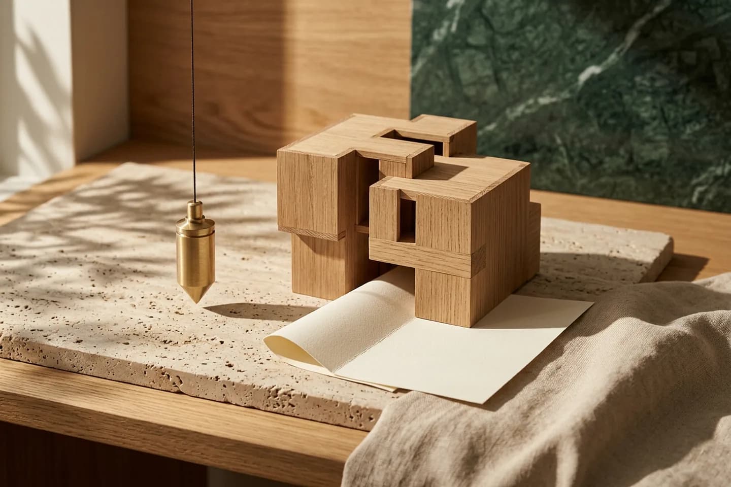 An oak architectural model with removable sections on a travertine slab, with a brass plumb line hanging beside it in warm sunlight.