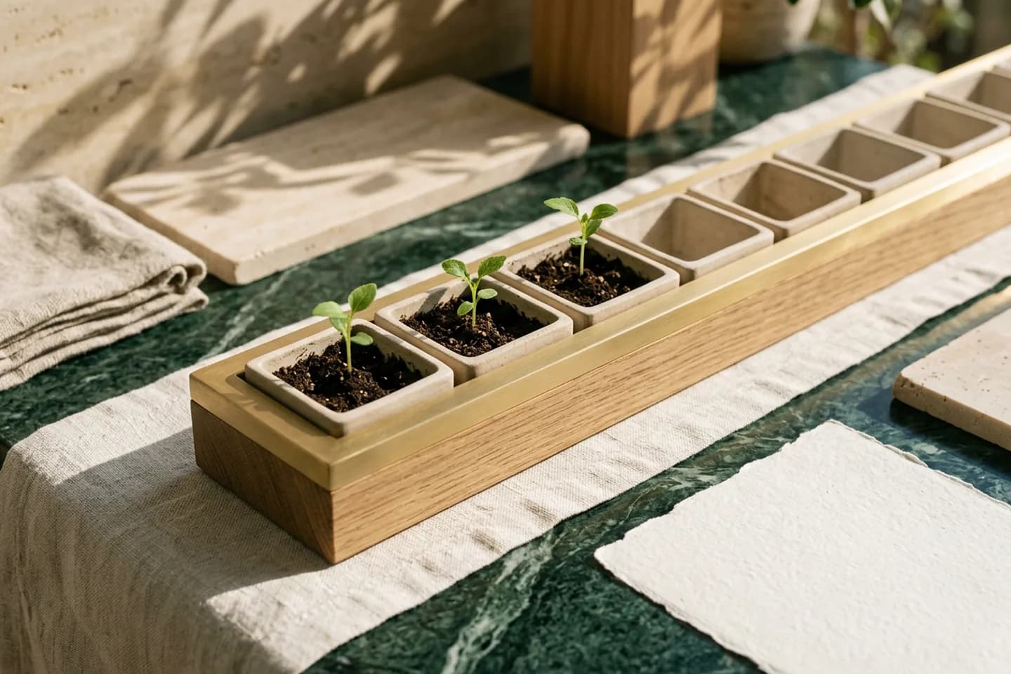 An oak seed tray with three ceramic cells holding seedlings on a shared linen runner over green marble, with empty cells at one end.