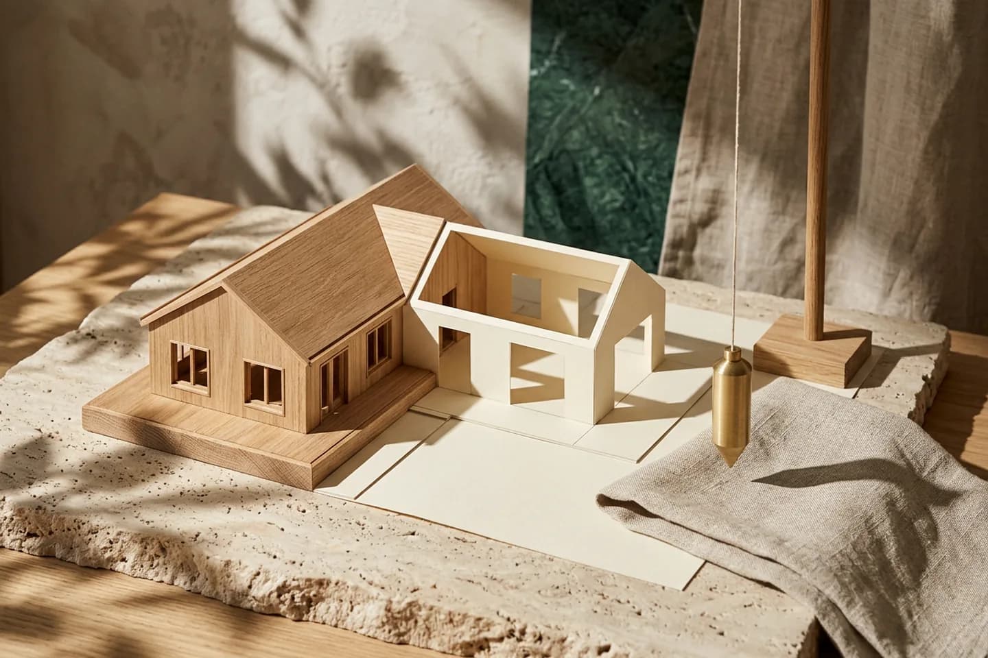A small architectural model with one finished wing and one outlined wing on a travertine slab, with a brass plumb line hanging beside it.