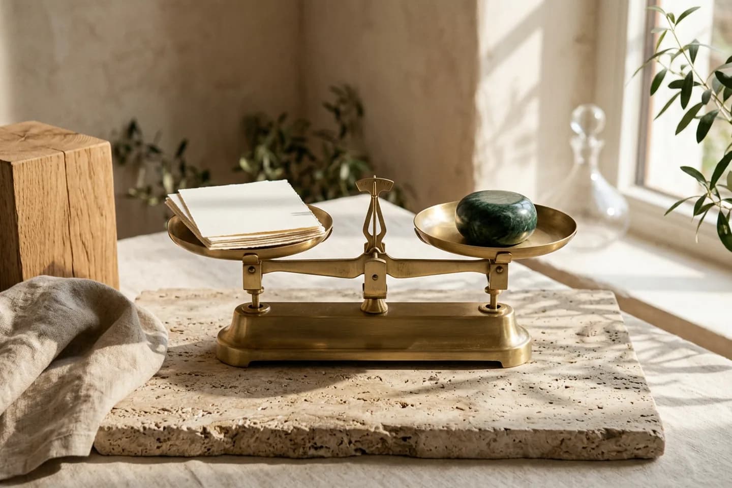 A brass balance scale on travertine with blank ivory paper sheets in one pan and a green marble weight in the other, lit by warm sunlight.