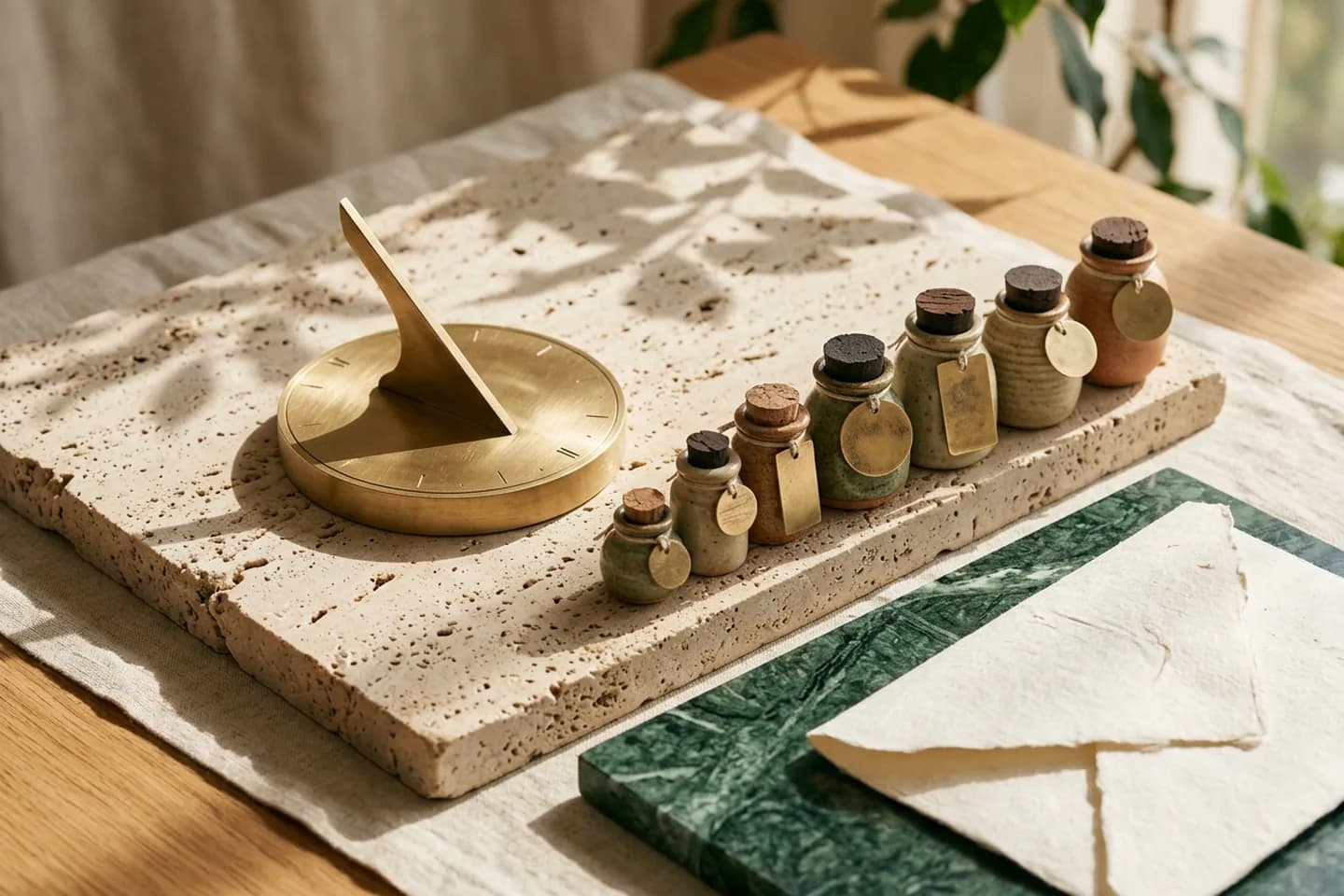 A brass sundial casts a shadow on a travertine slab beside a row of small ceramic vessels with plain brass tags, on linen in warm sunlight.
