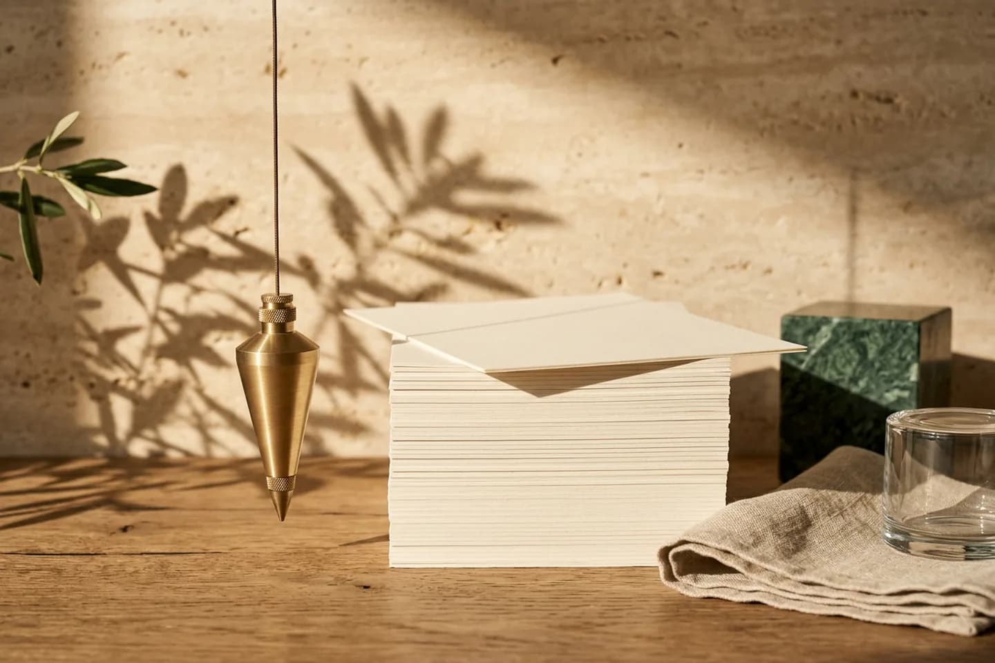 A brass plumb bob hangs beside a stack of ivory paper sheets on an oak table in warm sunlight, with one sheet slightly out of line.