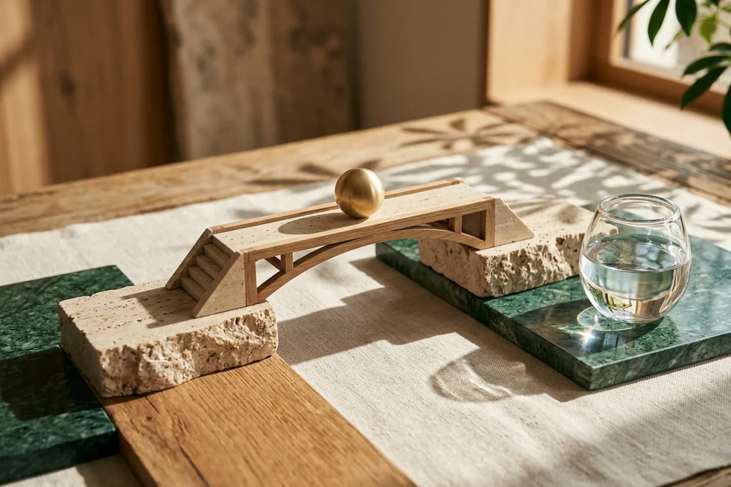 A travertine and oak bridge model on a linen surface with a brass sphere at its midpoint and a glass vessel beside it in warm light.