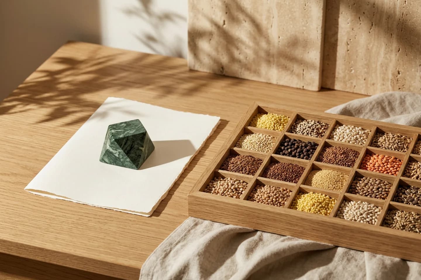 An oak seed tray with compartments of sorted seeds beside a folded blank ivory sheet and a green marble weight on a sunlit table.