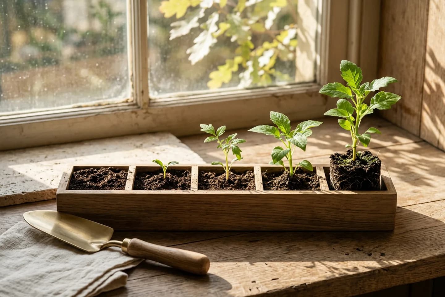 A five-compartment seed tray on an oak bench in which the plants grow taller from left to right, with a brass trowel and linen cloth beside it.