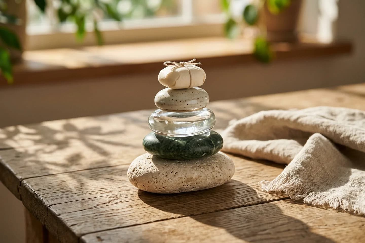 Five stacked stones of travertine, green marble, glass, ceramic and ivory paper on an oak table in warm sunlight beside a folded linen cloth.