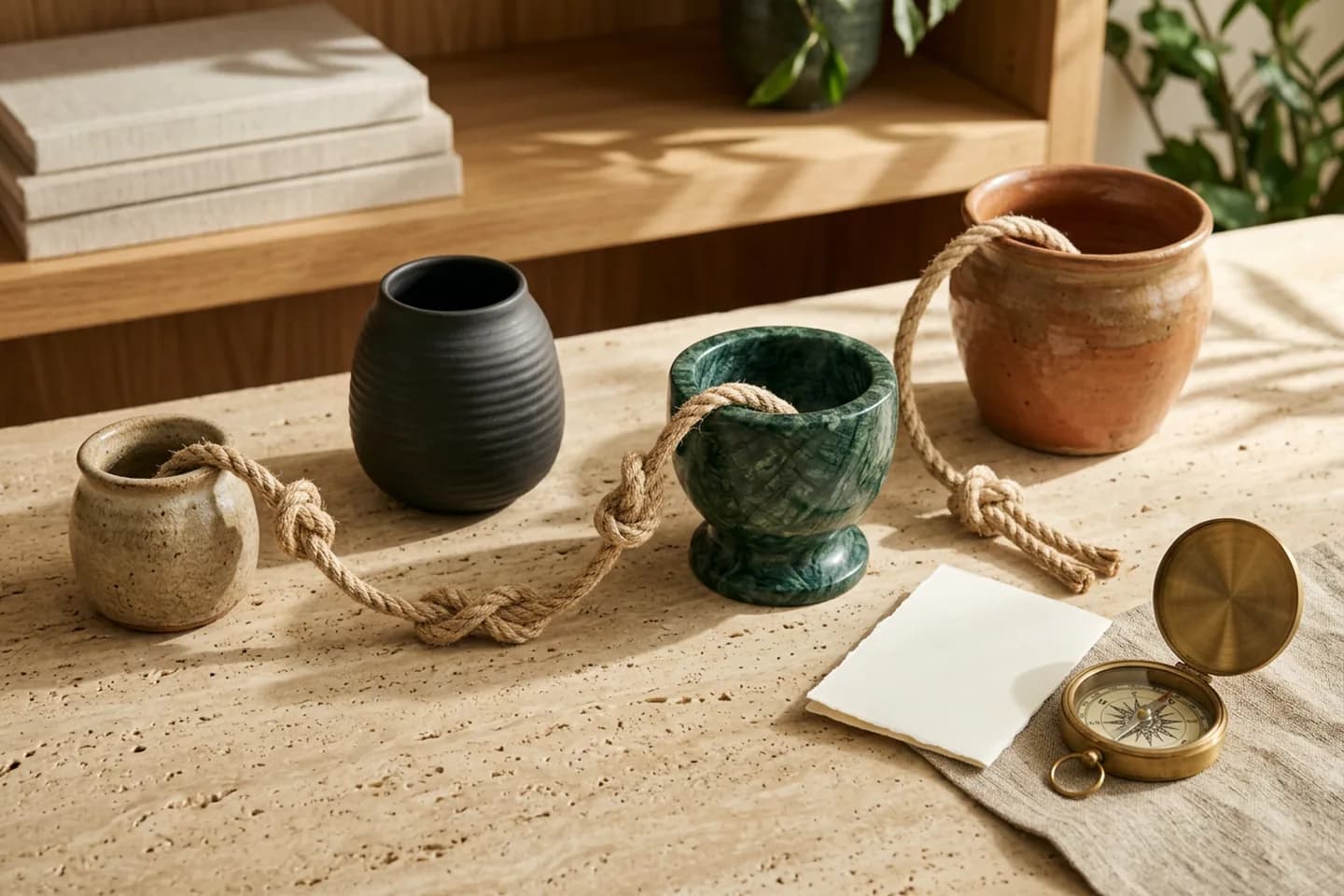 Uma corda com nós atravessa uma superfície de travertino ligando quatro vasos de cerâmica e termina em uma folha de papel dobrada em branco e uma bússola de latão.