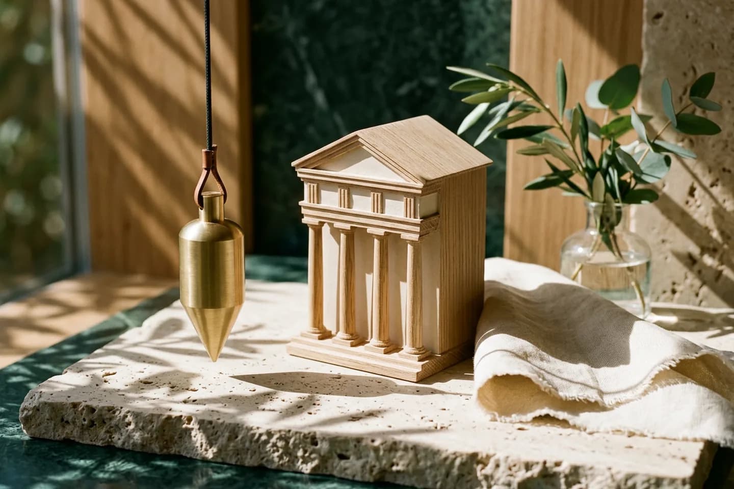 Um prumo de latão pende ao lado de uma pequena maquete arquitetônica de carvalho com quatro colunas sobre uma placa de travertino sob luz solar quente.