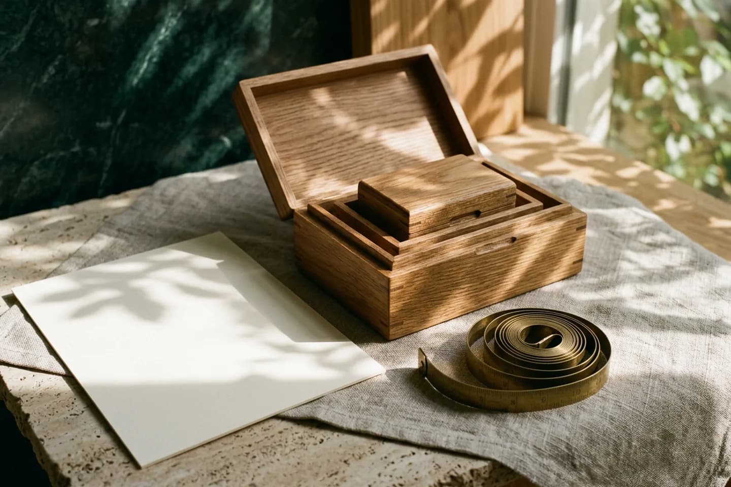 Nested oak boxes on a linen cloth with the outer lid open, next to a coiled brass measuring tape and blank ivory paper.