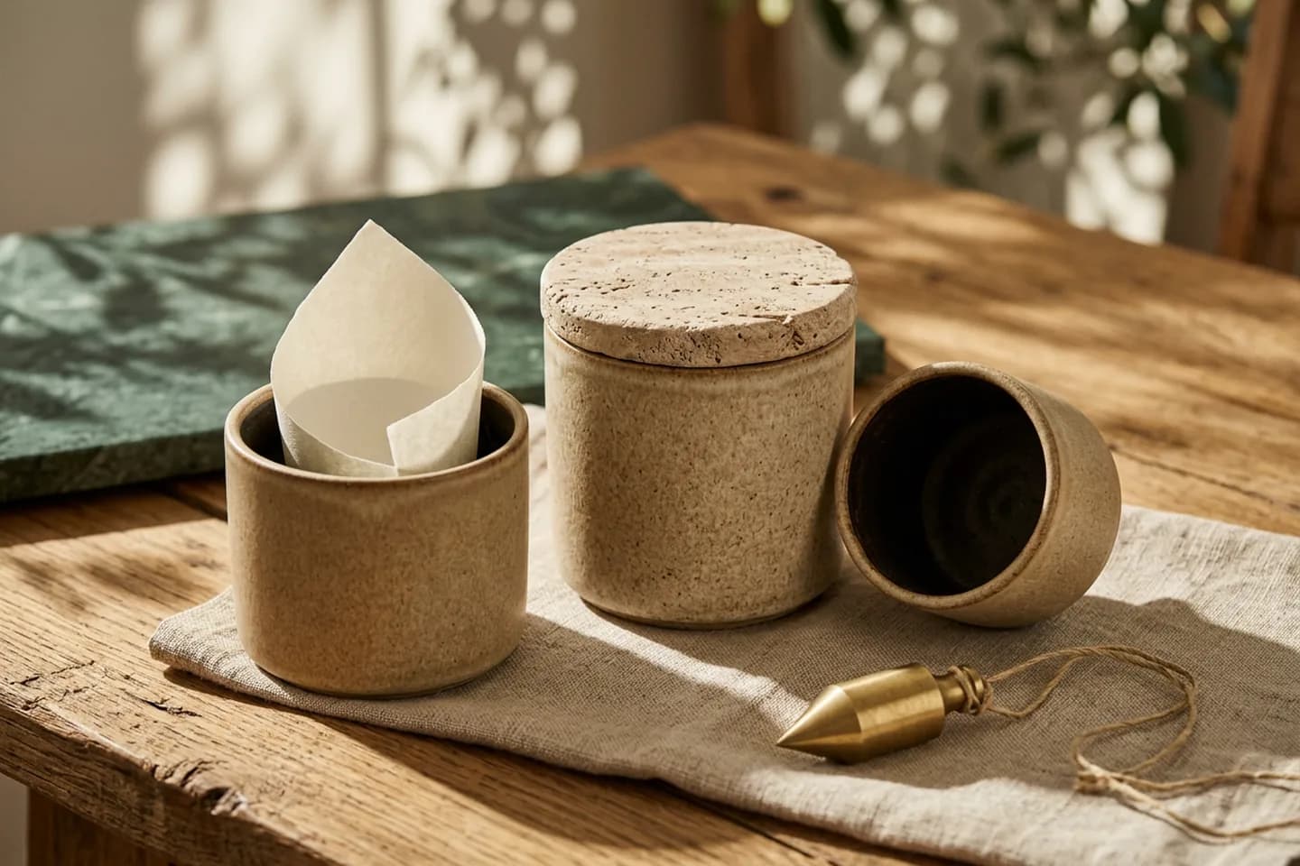Três vasos de cerâmica sobre uma mesa de carvalho, um com papel marfim dobrado, um fechado com tampa de travertino e um vazio, com um prumo de latão ao lado.