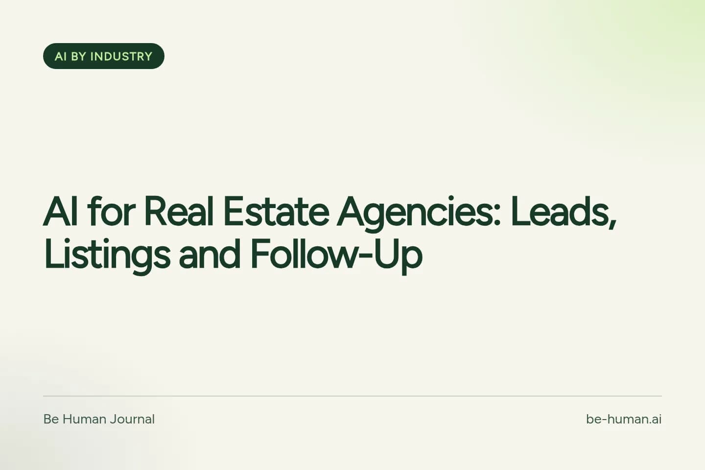 Be Human typographic cover with the title: AI for Real Estate Agencies: Leads, Listings and Follow-Up