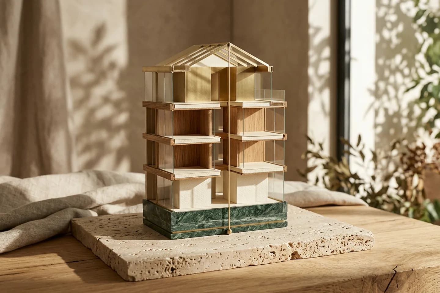Um modelo construindo sobre uma laje de travertino com cinco andares empilhados de carvalho, papel, vidro, mármore verde e latão, unidos por um prumo de latão suspenso.