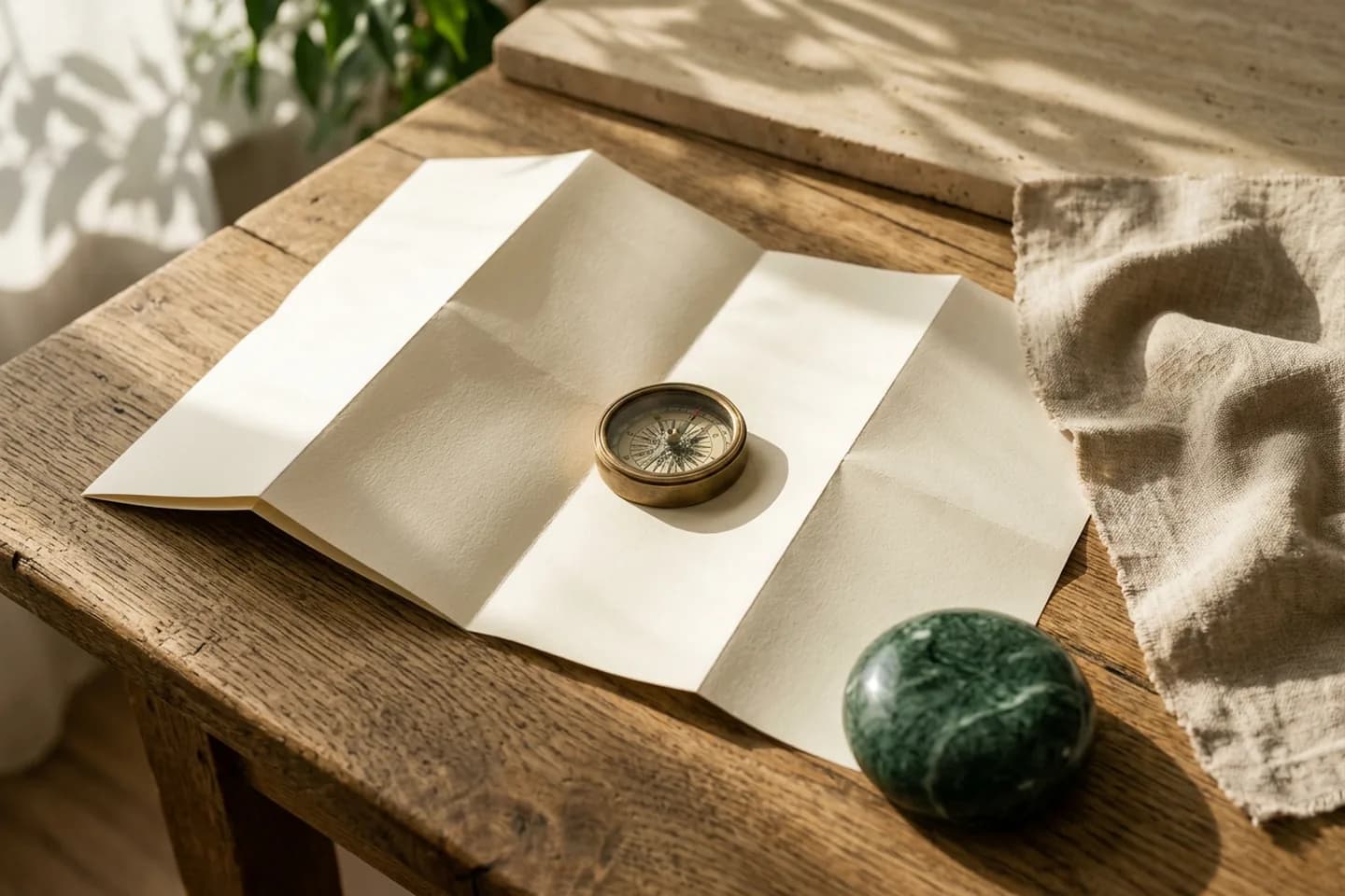 Um mapa de marfim dobrado e em branco sobre uma mesa de carvalho, com uma bússola de latão e um peso de papel de mármore verde sob luz solar quente.