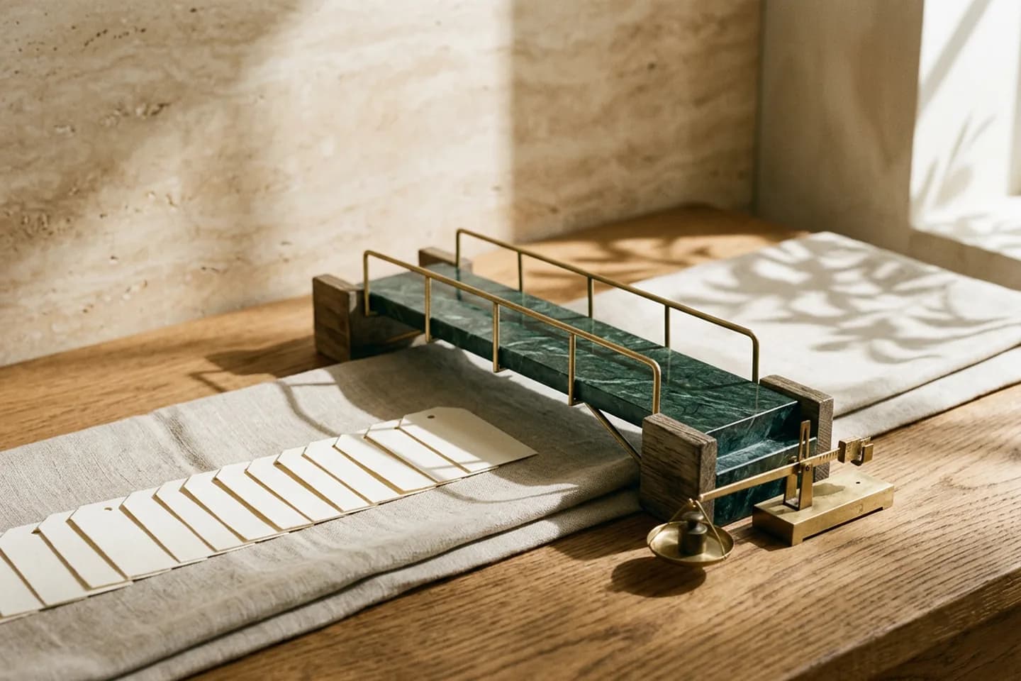 A green marble bridge model with a row of blank ivory tags waiting at its entrance beside a small brass balance on a linen runner.