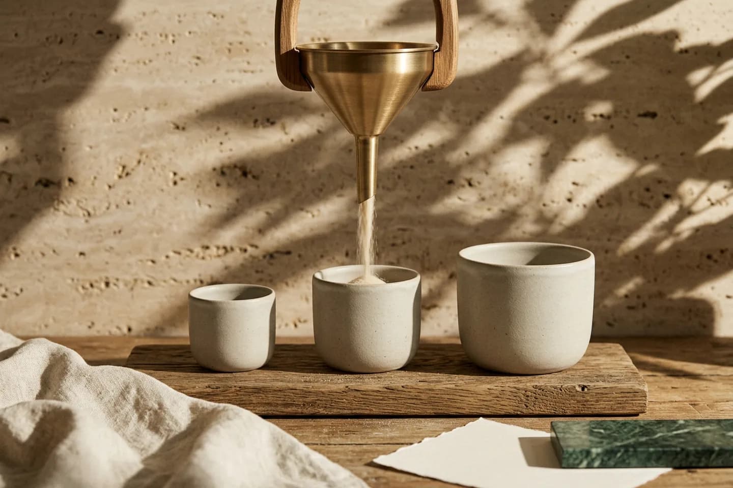 A brass funnel pours a thin stream of sand into one of three ceramic vessels on an oak board in warm sunlight.