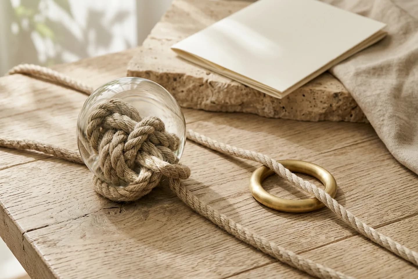 Two linen ropes on an oak table, one in a tight tangled knot and the other running freely through a brass ring.