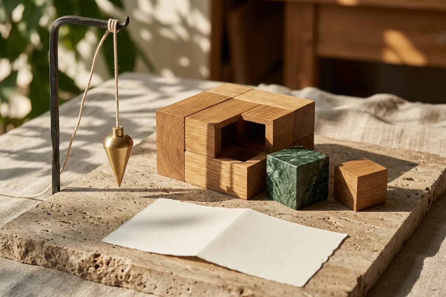 An oak architectural model on travertine with one block lifted out and an identical green marble block waiting beside the gap.