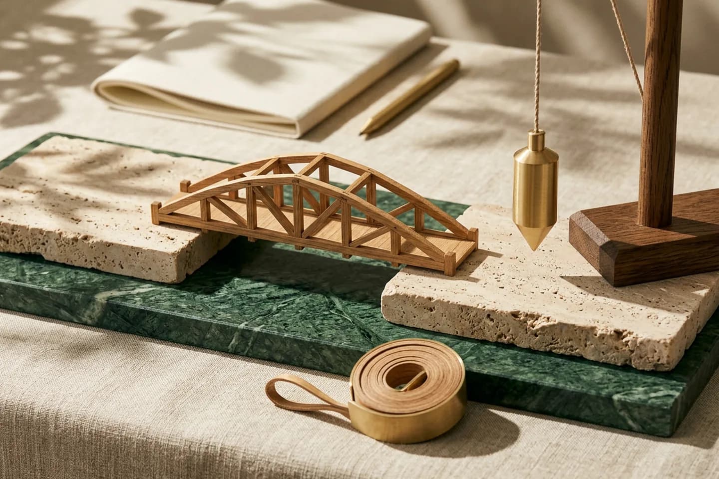 Maquete de uma pequena ponte de carvalho entre dois blocos de travertino, com um prumo de latão e uma fita métrica enrolada sobre linho.