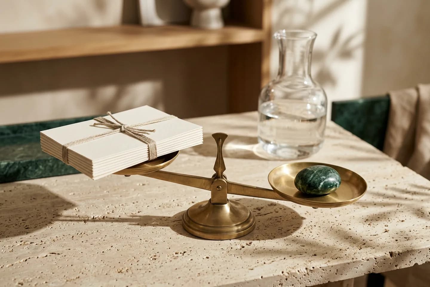 Uma balança de latão sobre uma mesa de travertino, com uma pilha de papel marfim amarrada com linho em um prato e uma pedra de mármore verde no outro.