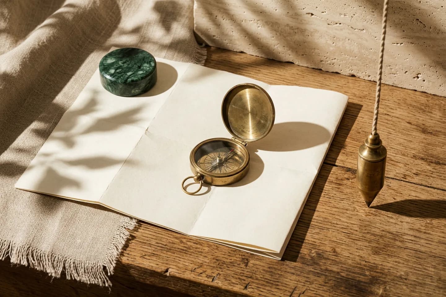 Uma bússola de latão sobre um mapa marfim dobrado e em branco, com um peso de mármore verde e um prumo de latão sobre uma mesa de carvalho sob luz quente do sol.