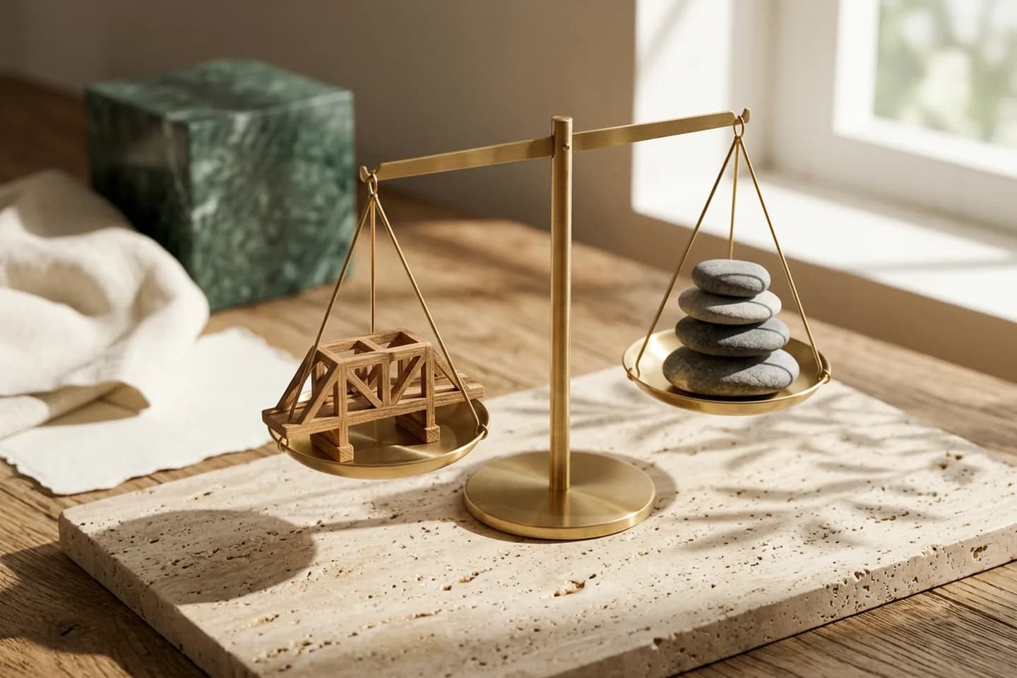 Uma balança de latão equilibrada sobre travertino, com a maquete de uma pequena ponte de carvalho em um prato e pedras lisas empilhadas no outro.