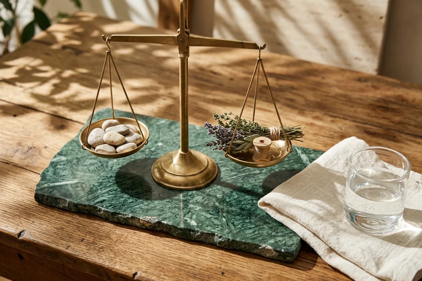 A brass balance scale on green marble with pale stones in one pan and dried herbs with a wooden spool in the other, nearly level, beside folded linen and a glass of water.