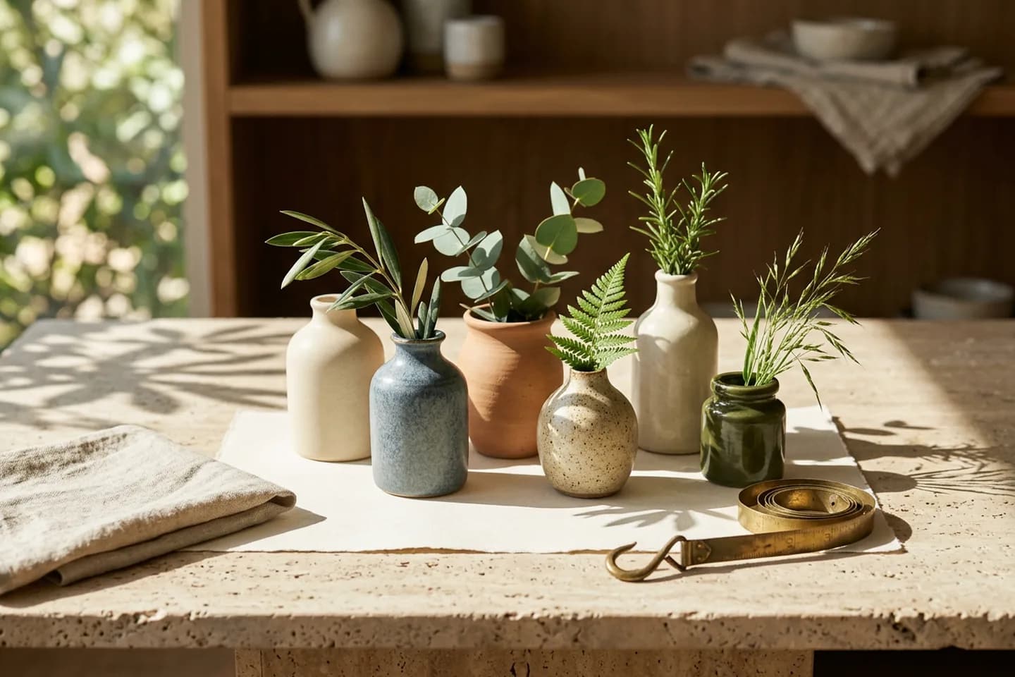 Several ceramic vessels of different shapes and glazes holding varied green sprigs on ivory paper beside a coiled brass measuring tape on a travertine table.