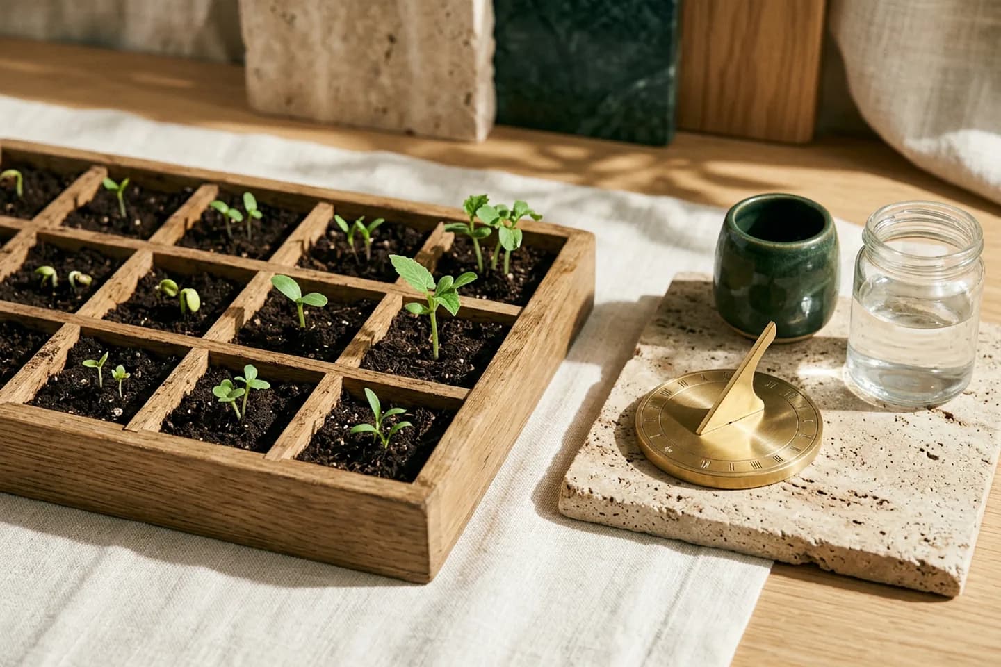 An oak seed tray with seedlings at different stages of growth next to a brass sundial casting a shadow on a travertine tile.