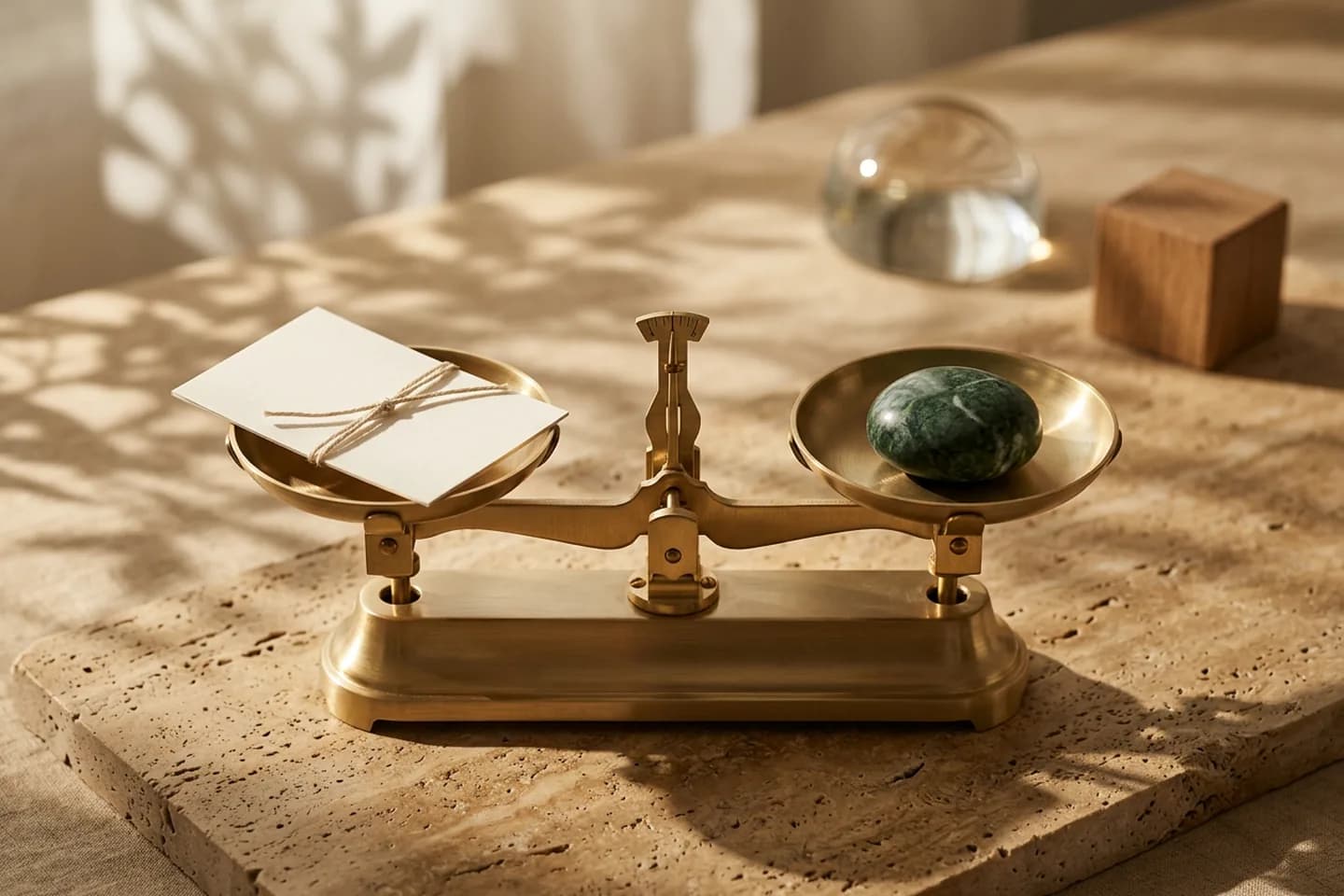 A brass balance scale holding an ivory paper card on one pan and a green marble stone on the other, resting on a sunlit travertine slab.