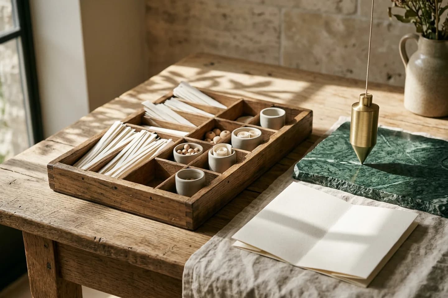 An oak seed tray with ivory paper strips sorted into compartments, a brass plumb line, and a blank folded map on linen.