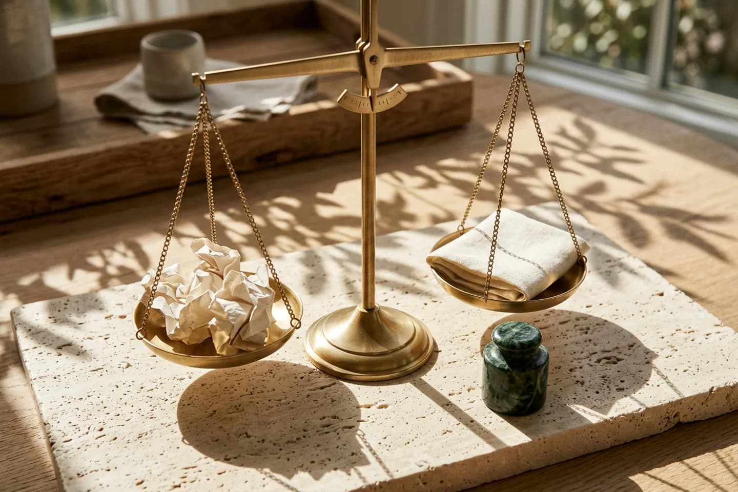 A brass balance scale on travertine with crumpled paper scraps in one pan and a folded linen square in the other.