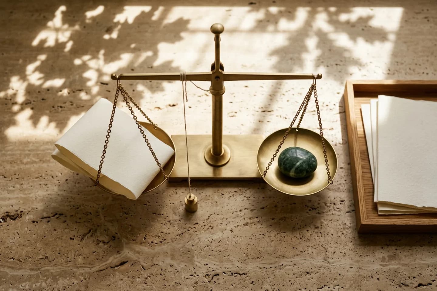 A brass balance scale weighing a folded ivory paper sheet against a green marble stone, beside a hanging plumb line and an oak tray of folded sheets.