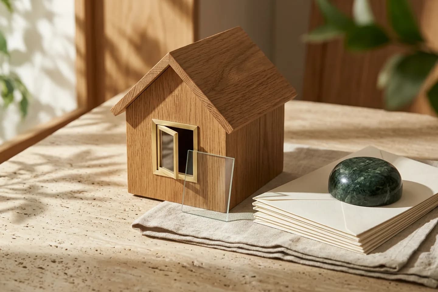A small oak house model with one open brass-framed window, a glass pane and a stack of ivory envelopes on a sunlit travertine table.